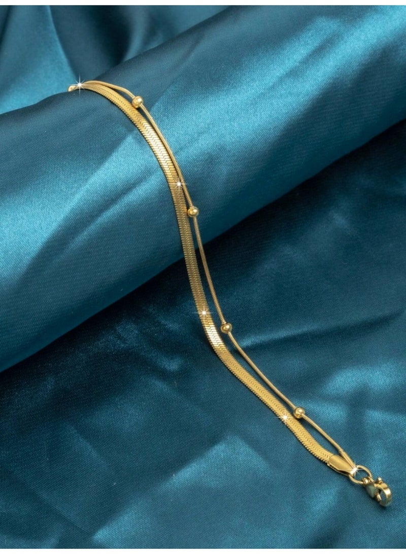 veya A Modern Double-Layer Stainless Steel Anklet, 18K Gold Plated And Decorated With Elegant Metal Beads. - Image 3